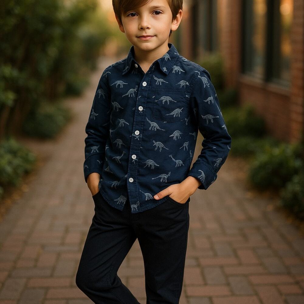 Gymboree Boys Dress Shirt Size S 5-6 Field Expedition Dino Shirt Blue White